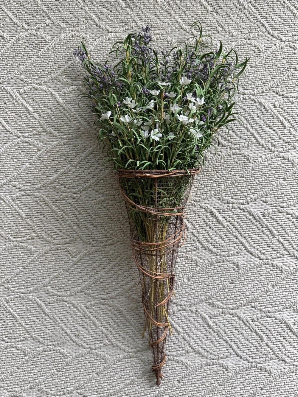 Rustic Wire and Twine Cone Hanging Bouquet Basket Faux Lavender Florals
